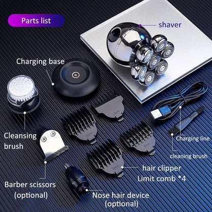 7D Floating Cutter Head Electric Shaver - Portable Men's Beard Trimmer and Clipper with Base Charging - Skull Shaver for Waterproof Shaving