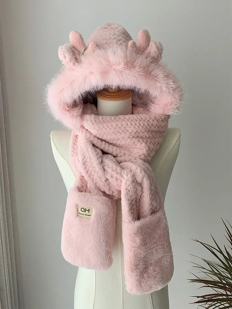 Elk Antler Plush Winter Hat - Warm Ear Protector Scarf & Gloves Set for Women