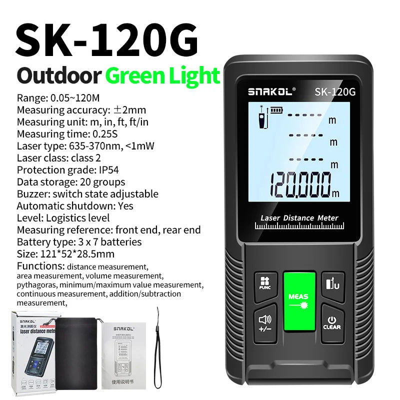 Snakol 120M Green Laser Tape Measure — High Accuracy Digital Distance Meter & Electronic Ruler