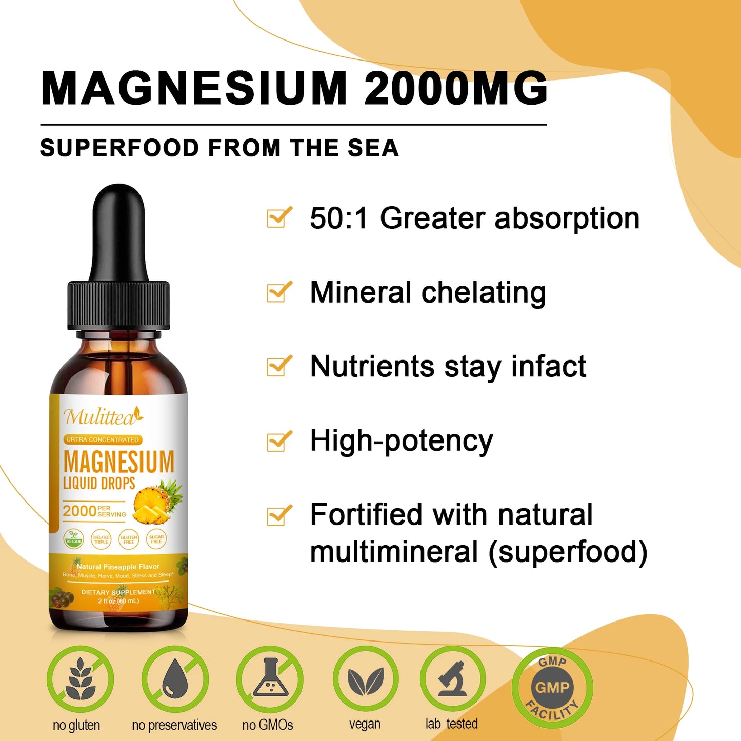 Mulittea Magnesium Glycinate Drops – Pineapple Flavor for Mood Calm, Muscle Relaxation, Sleep Support & Nerve Health