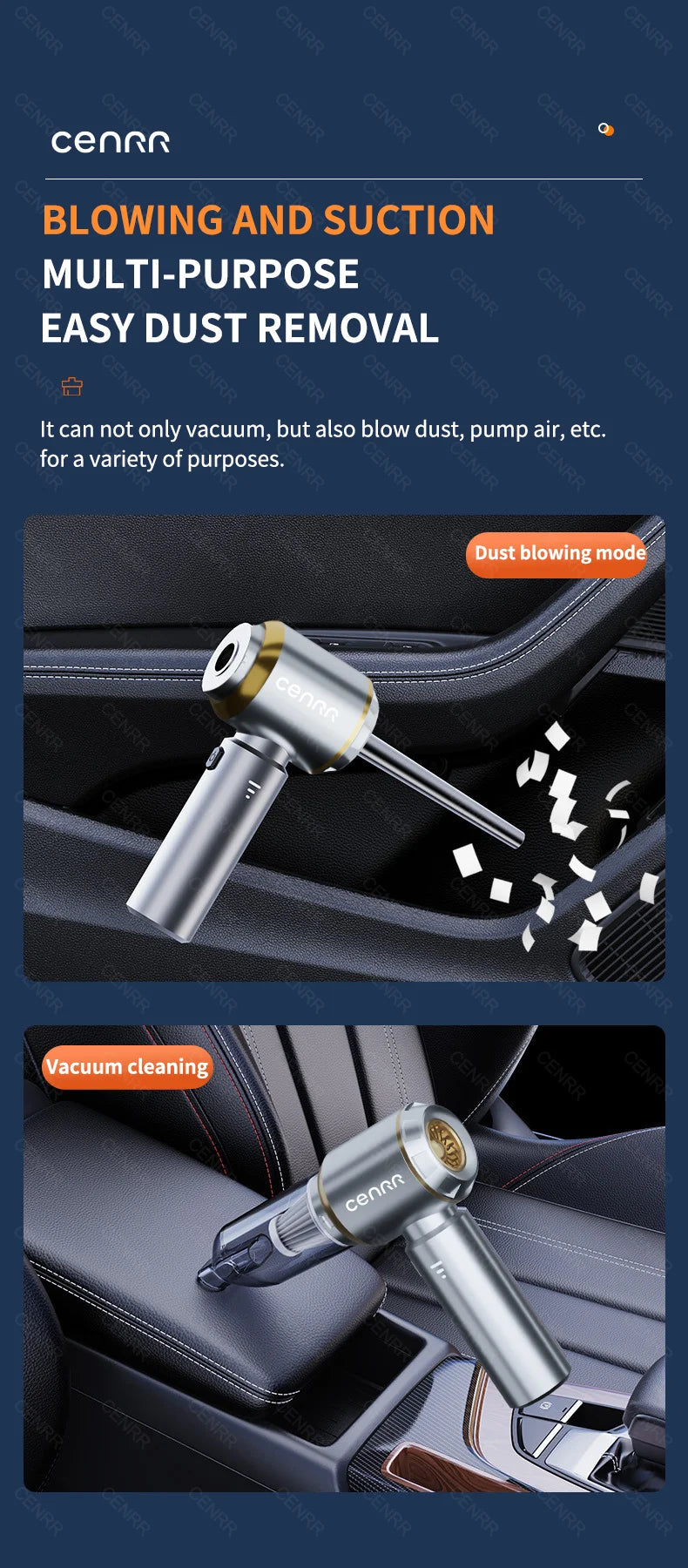 CENRR 360000PA Mini Cordless Car Vacuum Cleaner – Powerful Handheld Portable Wireless Cleaning Machine