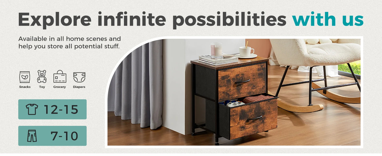 Nightstand Bedside Table – Coffee, Sofa & Tea Table with 2 Fabric Drawers for Bedroom Storage & Clothes Display
