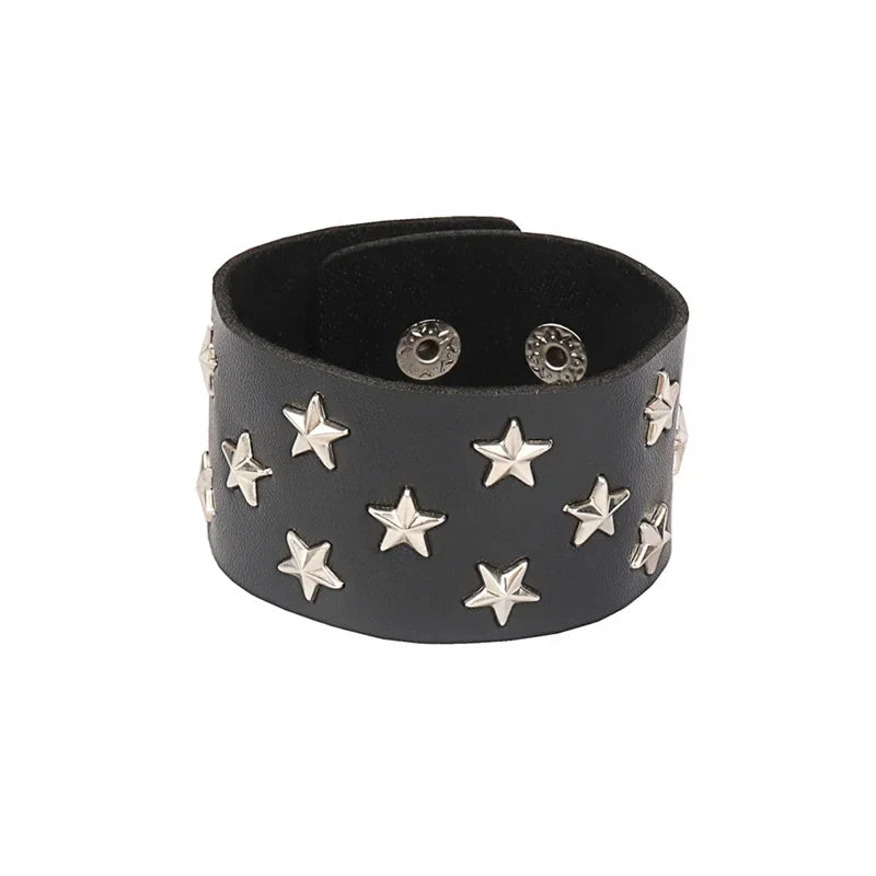 Punk Rock Hip Hop PU Leather Bracelet – Unisex Skull, Pentagram & Rivet Chain Bracelet, Trendy Party Jewelry Accessory