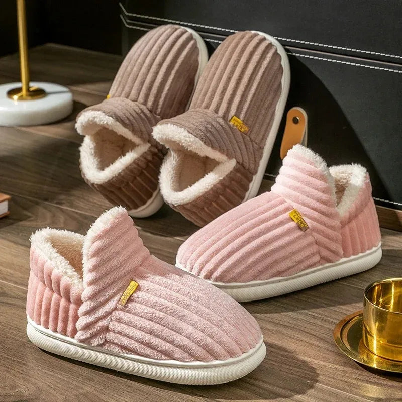Winter Couple Striped Plush Slippers – Soft Non-Slip Warm Cotton Home Shoes for Men & Women