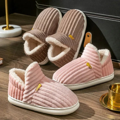 Winter Couple Striped Plush Slippers – Soft Non-Slip Warm Cotton Home Shoes for Men & Women