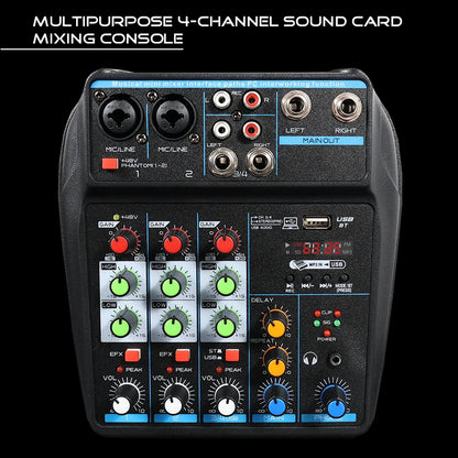 4 Channel DJ Mixer Console – Bluetooth, 48V Phantom Power, USB Audio Interface for Monitor & Karaoke System