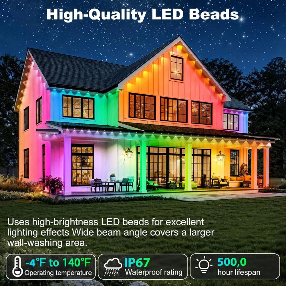 Black RGB Eaves LED Light Strip – Outdoor Bluetooth APP-Controlled Lights with Scene Modes for House, Party & Wedding