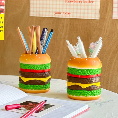 Miniso Cute Burger Pen Holder — Fun Desktop Organizer for Pens, Bedroom Desk Decoration, and Gift for Friends