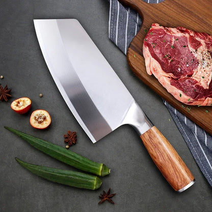 Stainless Steel Cleaver Kitchen Knife – Wooden Handle Utility Knife for Slicing Fish, Vegetables & Meat