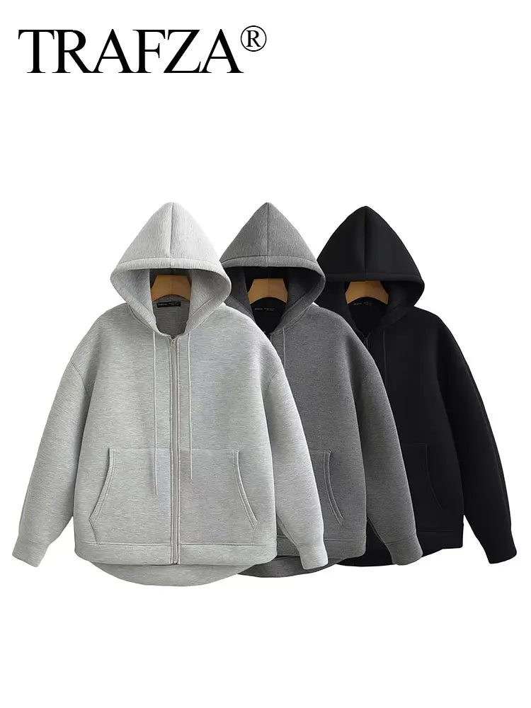 TRAFZA Autumn Women's Gray Jacket – Hooded, Long Sleeve, Zipper Coat with Big Pockets, Loose Casual Outerwear Tops