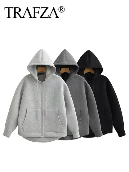 TRAFZA Autumn Women's Gray Jacket – Hooded, Long Sleeve, Zipper Coat with Big Pockets, Loose Casual Outerwear Tops