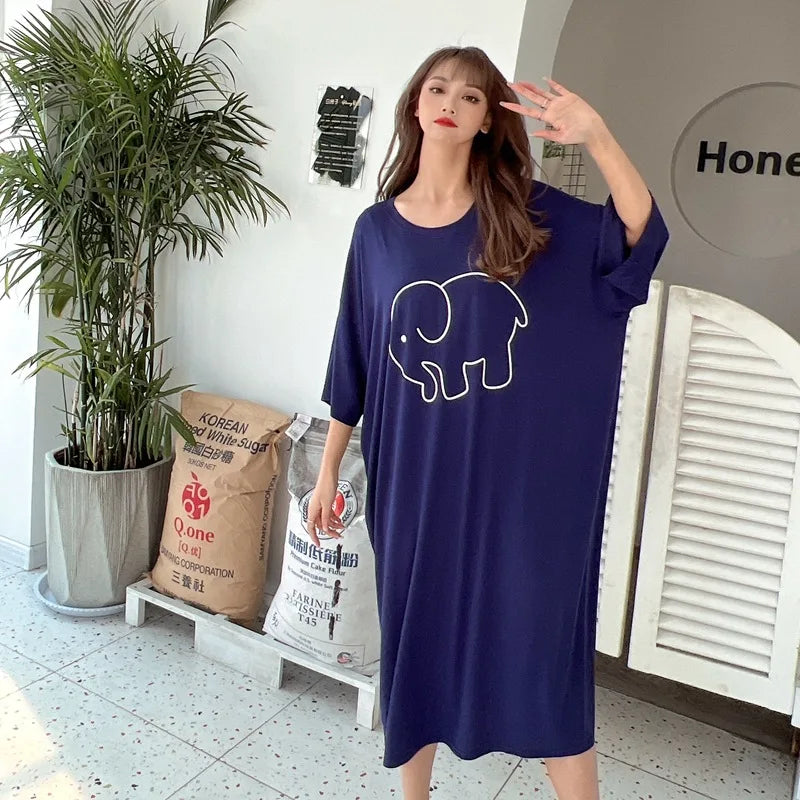 Women’s Cartoon Nightgown - Loose Plus-Size Modal Summer Nightdress for Comfortable Sleepwear