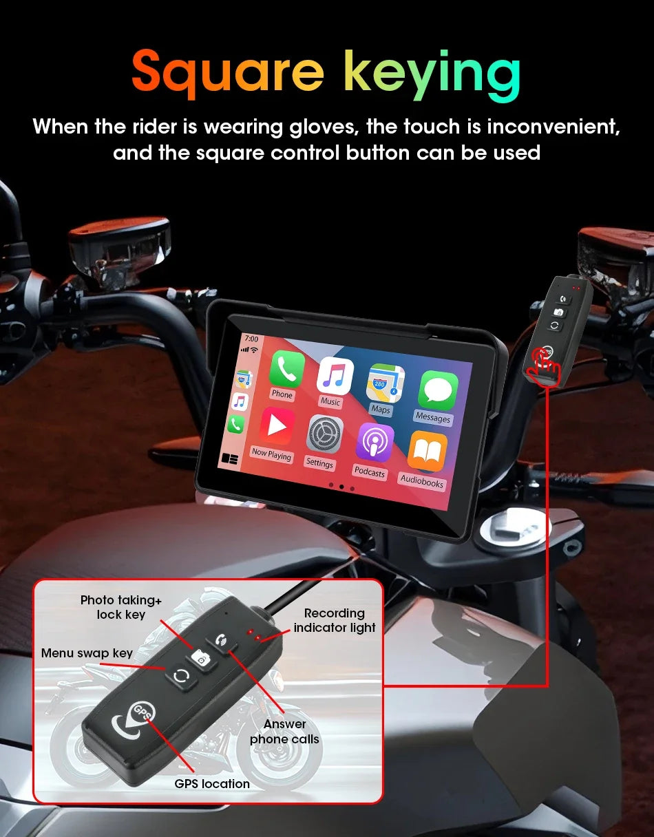 5/7 Inch Motorcycle CarPlay DVR Navigation GPS Monitor – Wireless Android Auto, Airplay, IPX7 Waterproof Portable Display
