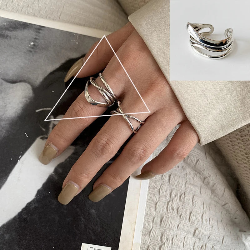 VENTFILLE 925 Sterling Silver Adjustable Ring – Vintage Hollow Line Punk Hip Hop Couple Jewelry
