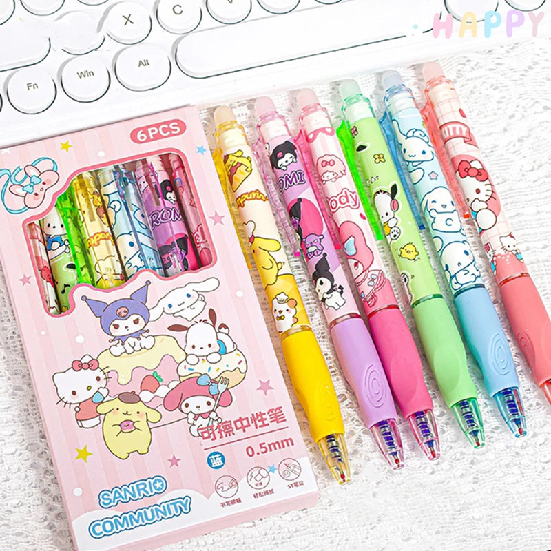 6PCS Sanrio Erasable Gel Pens – Pochacco, Kuromi, Cinnamoroll & Hello Kitty Neutral Ballpoint Pens for Students & Office