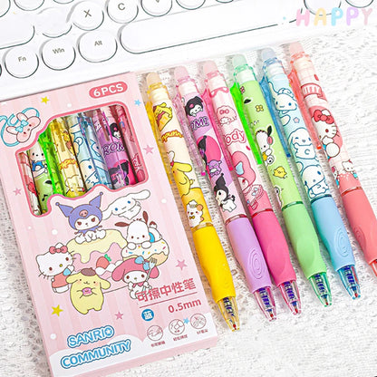 6PCS Sanrio Erasable Gel Pens – Pochacco, Kuromi, Cinnamoroll & Hello Kitty Neutral Ballpoint Pens for Students & Office