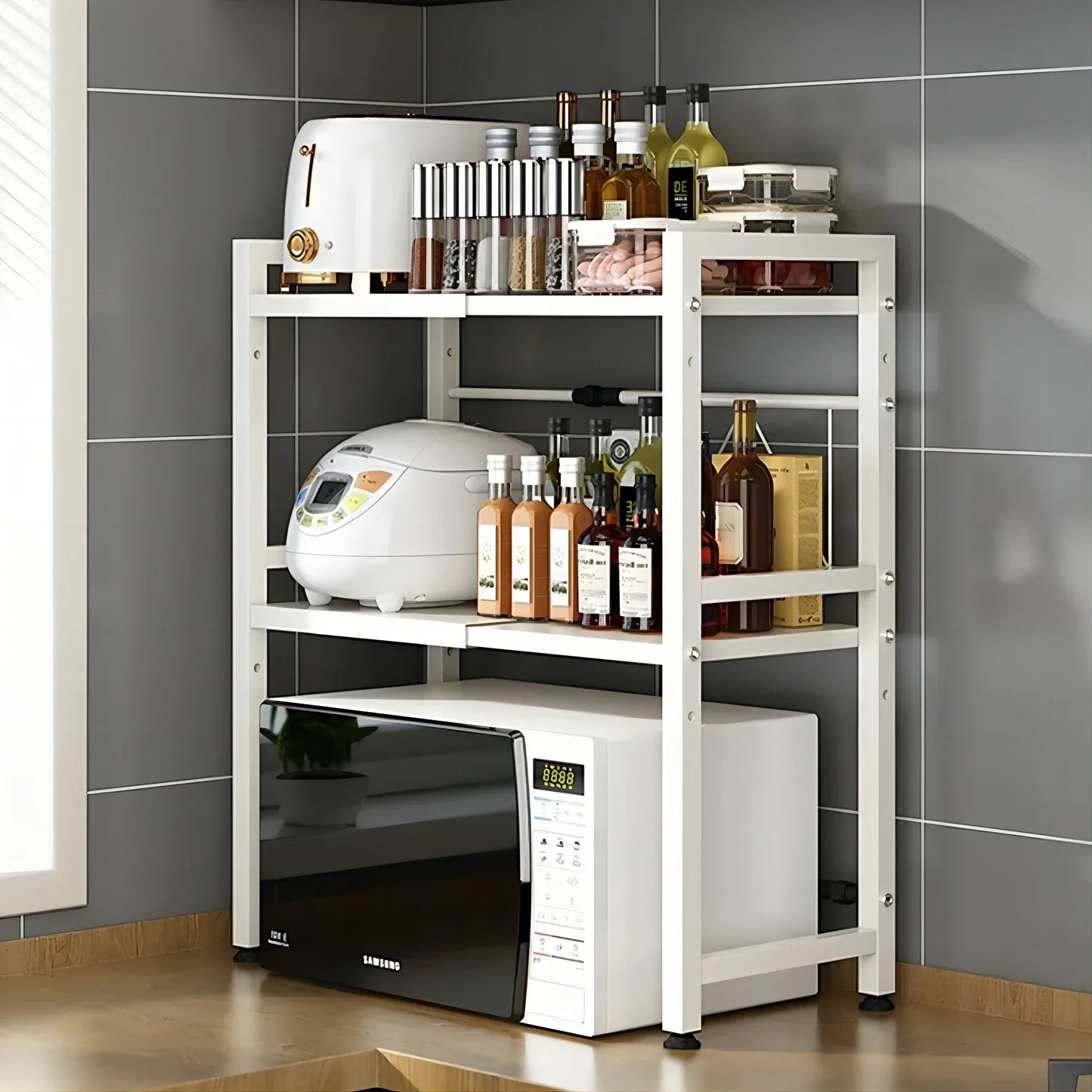 Expandable Microwave Oven Shelf — Thickened Kitchen Countertop Storage Rack for Organizing Appliances