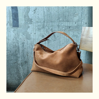 Simple Autumn Winter Grey & Brown Boston Tote — Soft Matte Suede Cow Leather Women's Shoulder Handbag