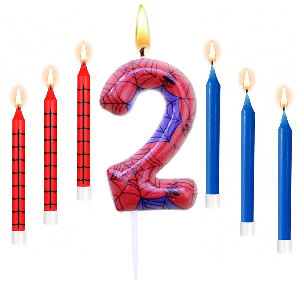 7Pcs Spider-Themed Number 4 Birthday Candles – Red & Blue Cartoon Cake Topper Decorations for Kids Party Supplies