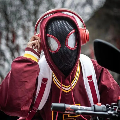 1:1 Miles Morales Spider-Man Mask with Movable Eyes – Electric Ring Control Gwen Style Cosplay Helmet for Halloween Costume and Collectible Gift Toy