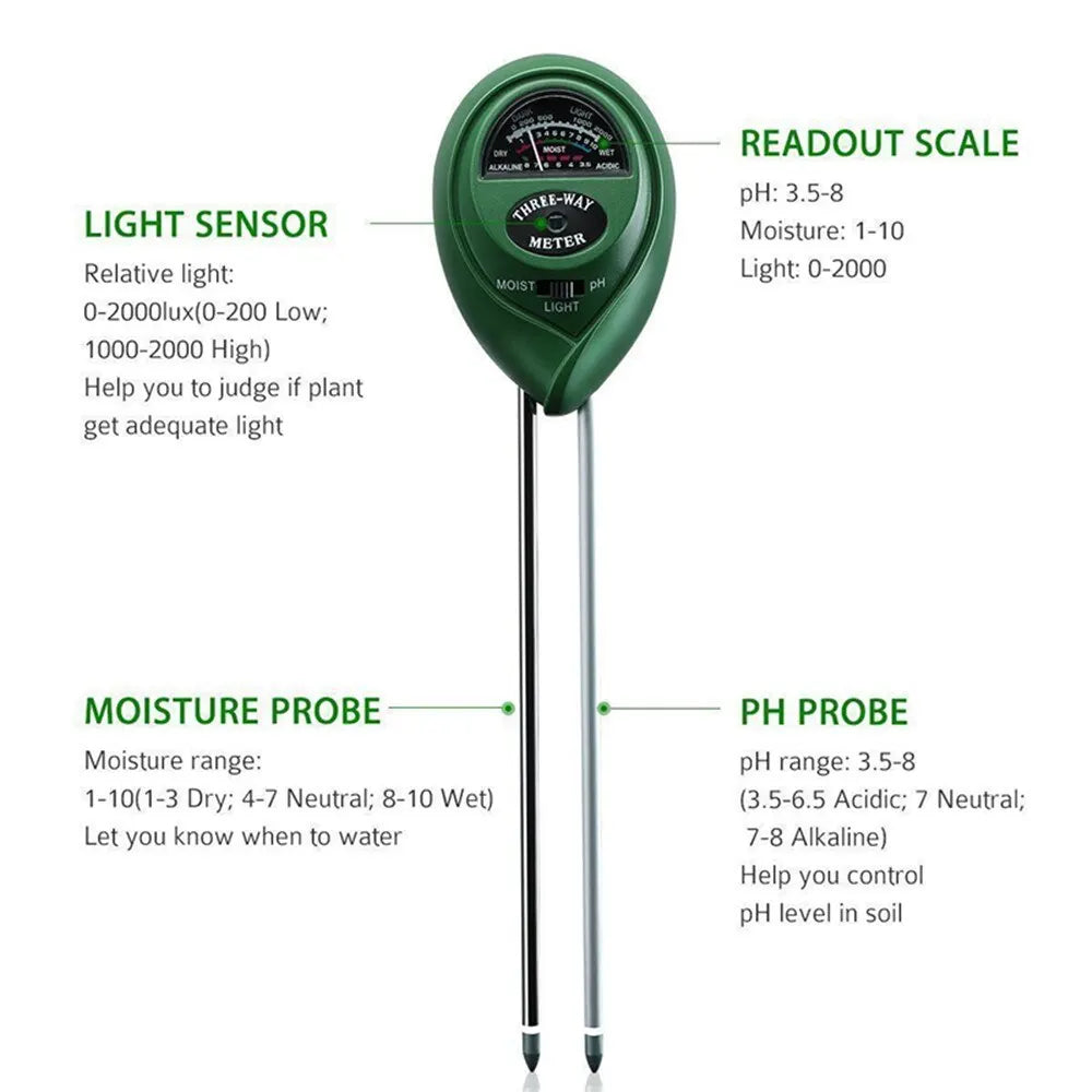 3-in-1 Soil Moisture, Sunlight, and pH Meter - Garden Plant and Flower Moisture Sunlight Tester