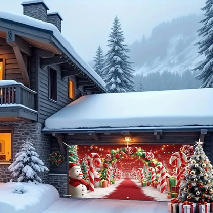 Charming Farmhouse Christmas Garage Door Banner – Snowman, Candy Cane & Tree Design, No Power Needed