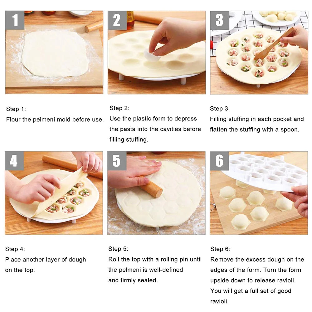19-Hole Ravioli Maker Mold - BPA Free Plastic Pelmeni & Pierogi Dumpling Press with Stuffing Spoon for Easy Kitchen Prep