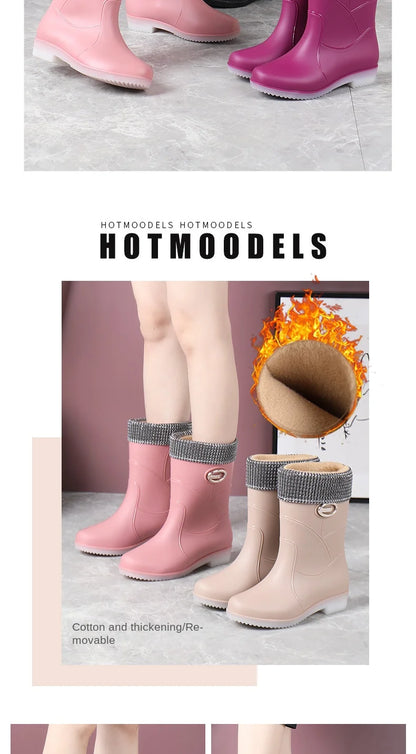 Women’s Fashion Mid-Tube Rain Boots – Wear-Resistant, Waterproof Rubber Shoes with Thick Sole, Non-Slip & Cotton Lining
