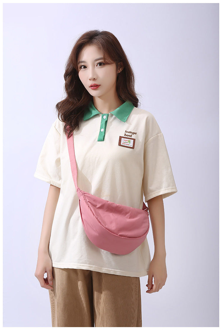 Solid Color Women's Portable Shoulder Bag – Simple Nylon Cloth Padded Crossbody Travel Purse & Messenger Bag