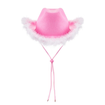 Women's Cowboy Hat – Wide Brim Solid Color with Furry Trim for Parties & Outings