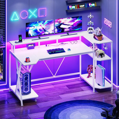 70.8'' Gaming Desk with LED Lights – Computer Desk with Storage Shelves, Monitor Stand, Power Outlets & Cup Holder