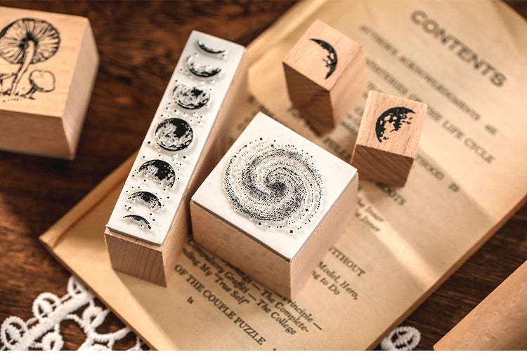 Yoofun 7-Piece Vintage Moon & Plant Wooden Stamps — Rubber Stamps for Scrapbooking, DIY Craft & Stationery