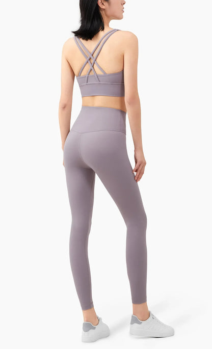 Summer 2 Piece Women's Yoga Tracksuit - Cross-Back Nylon Top and Leggings Athletic Set for Pilates and Fitness
