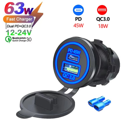 USB Car Charger 12/24V - Dual Socket PD3.0 & QC3.0 Fast Charging Station with LED Voltmeter Switch
