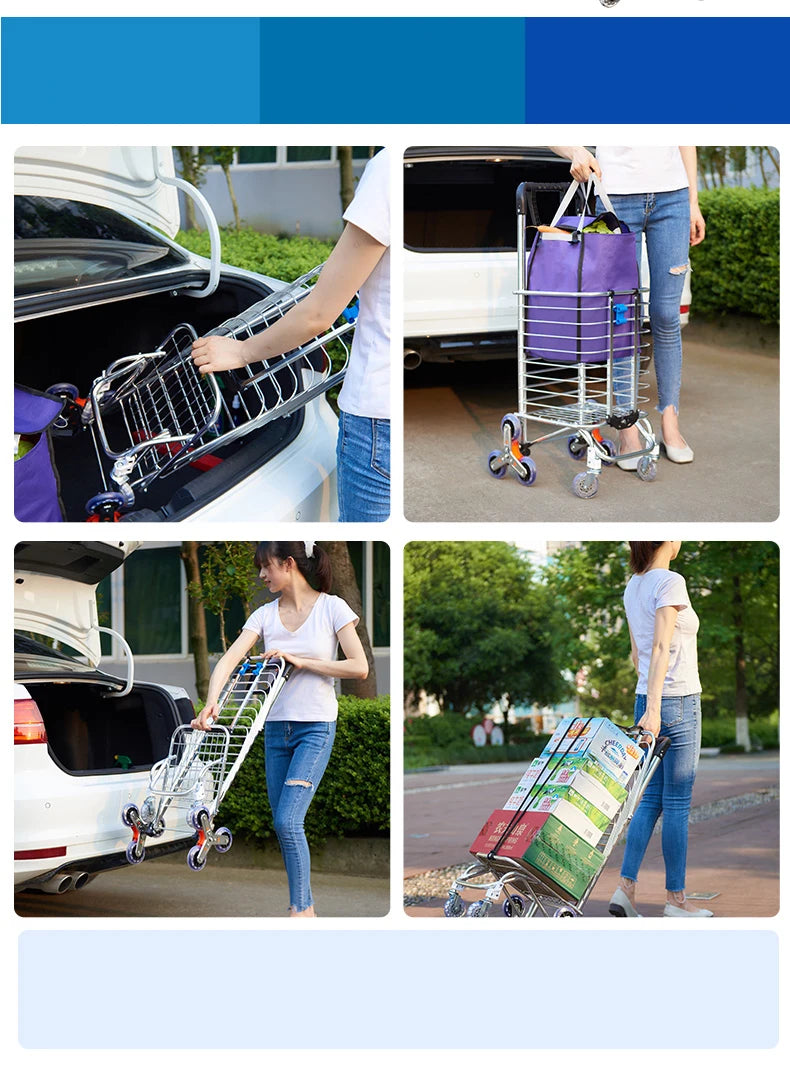 Portable Aluminum Alloy Grocery Cart – Folding Trolley with Large Capacity, Lightweight & Step Climbing Design