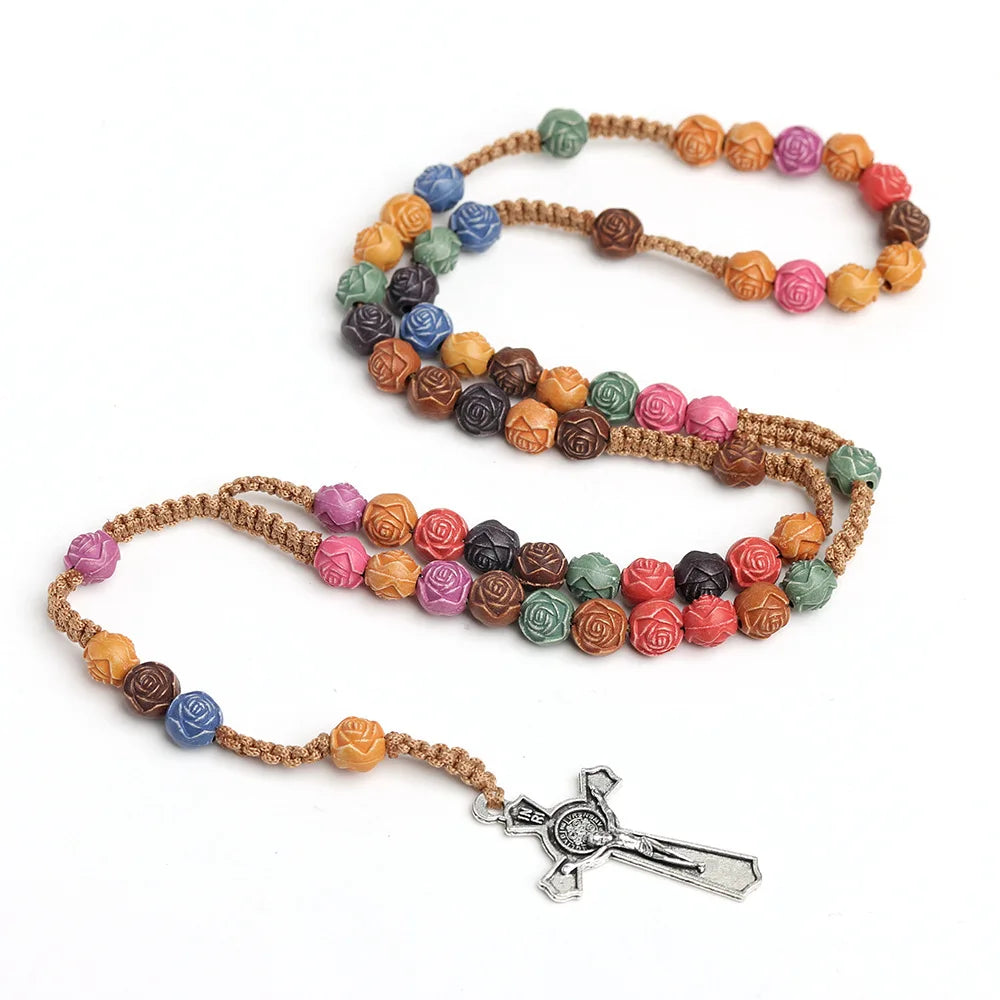 Christian Rose Bead Rosary Necklace – INRI Cross Crucifix Pendant Long Chain for Women, Religious Fashion Jewelry Gift