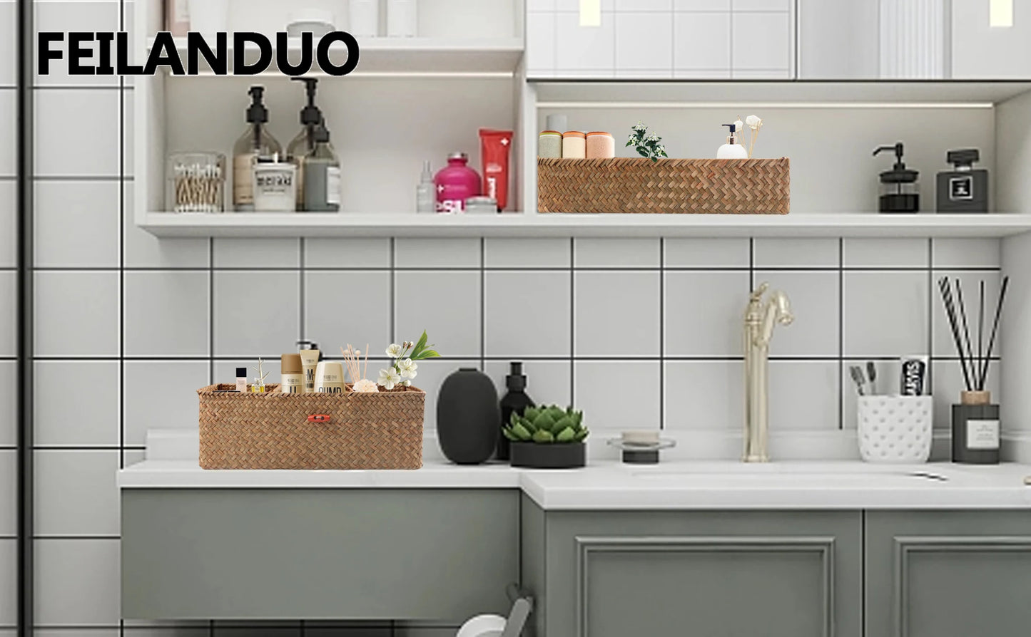 Hand Woven Storage Baskets with Lid - Rectangular Dust-Proof Clothing Storage Box, 3-Grid Wardrobe Container for Sundries Organizer