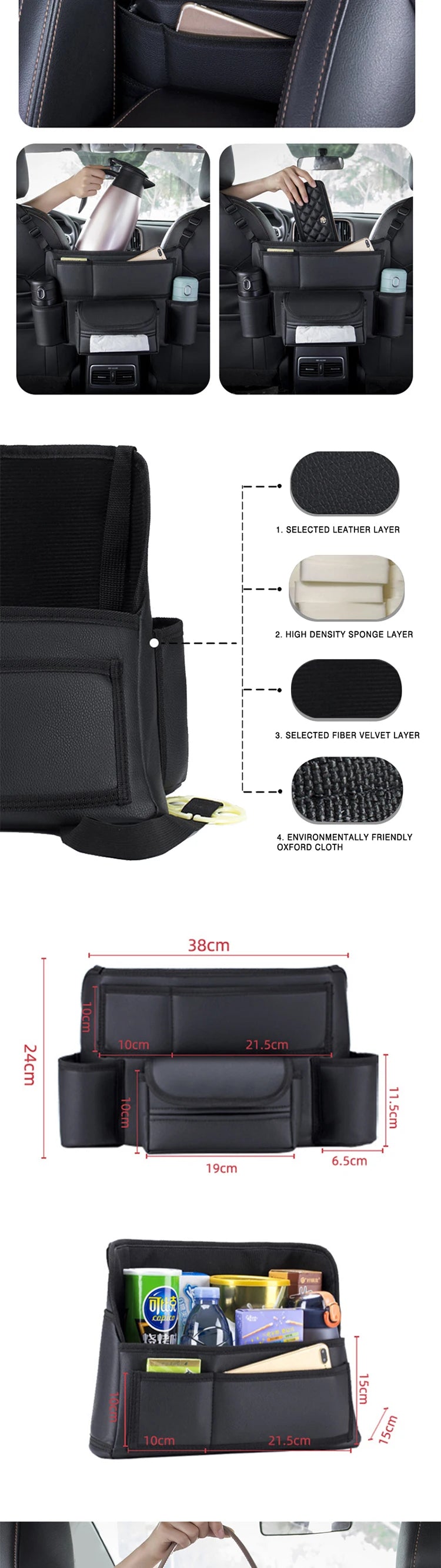 Car Seat Middle Hanger Leather Storage Bag – Multifunction Hanging Organizer with Handbag Holder, Water Cup & Tissue Pockets