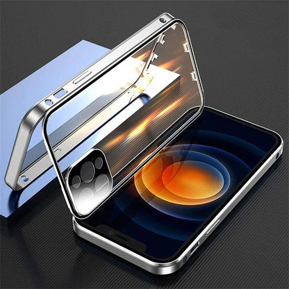 360° Full Protection Magnetic Metal Phone Case - Double-Sided Glass Cover with Lock Buckle for iPhone 11-16 Pro Max