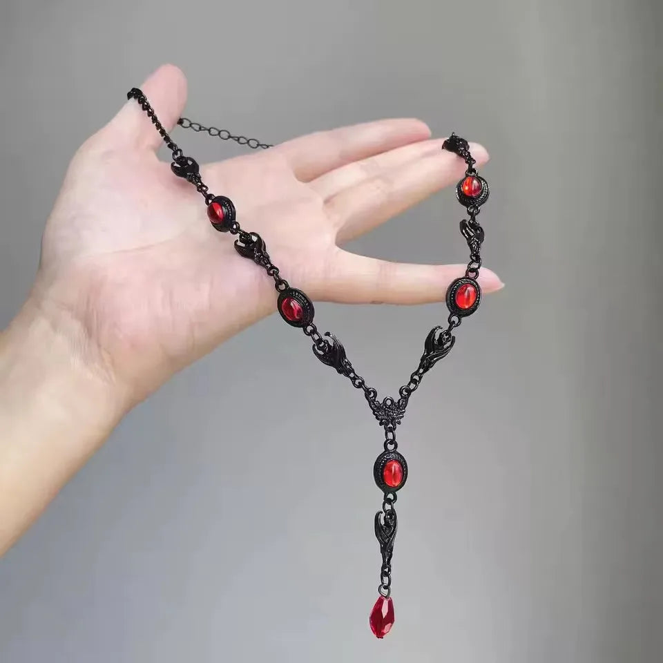 Goth Y2K Heart Cross Choker Necklace - Dark Red Stone Bead Punk Grunge Jewelry for Women Halloween Style