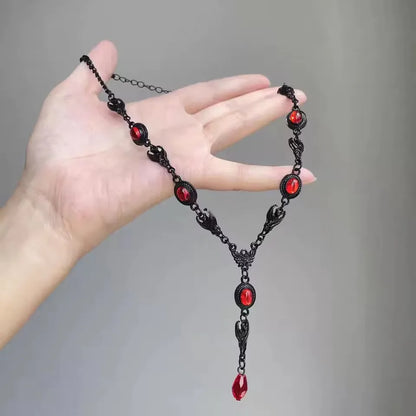 Goth Y2K Heart Cross Choker Necklace - Dark Red Stone Bead Punk Grunge Jewelry for Women Halloween Style