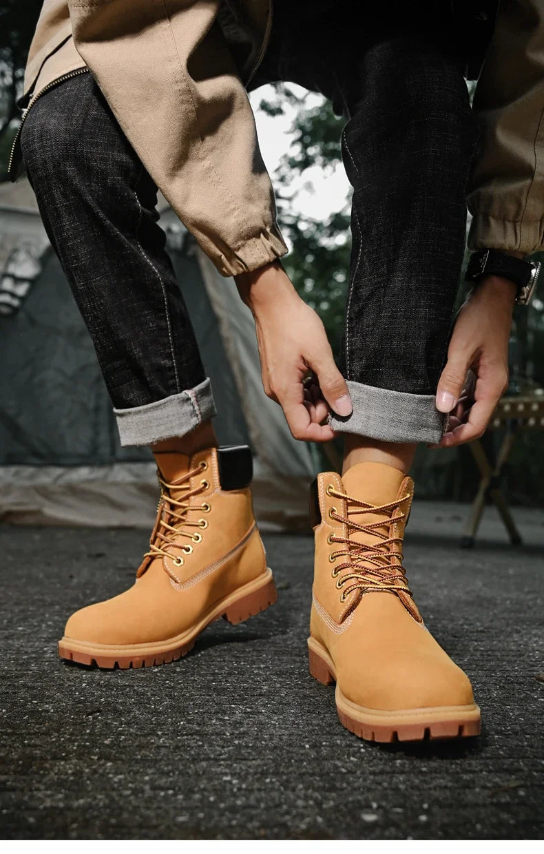 High Top Leather Boots for Men & Women – Fashion Lace-Up Outdoor Sneakers, Non-Slip Casual Ankle Shoes for Couples