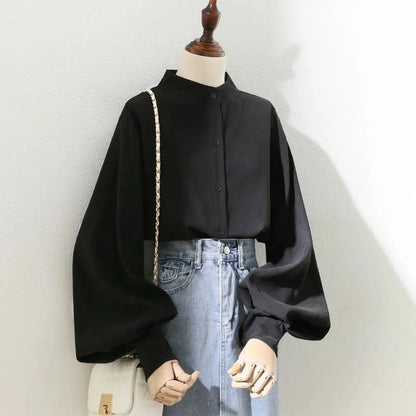 Women’s Spring & Autumn Blouse — Loose Shirt with Long Lantern Sleeves and Stand Collar