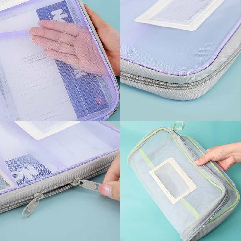 A4 Double-Layer Mesh Zipper Bag – Large Capacity Stationery Storage Organizer for School and Office Supplies