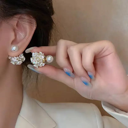 Korean Vintage Pearl & Crystal Earrings for Women — Luxury Zircon Flower, Butterfly & Leaf Stud Jewelry