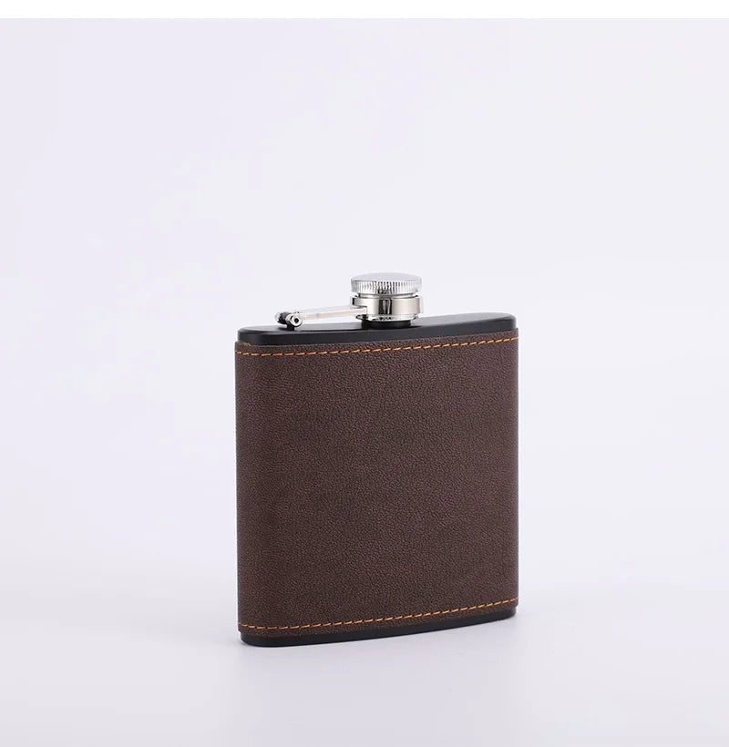6/8oz Portable Hip Flask – Brown Leather Covered Stainless Steel Flask for Whiskey & Alcohol, Men's Gift