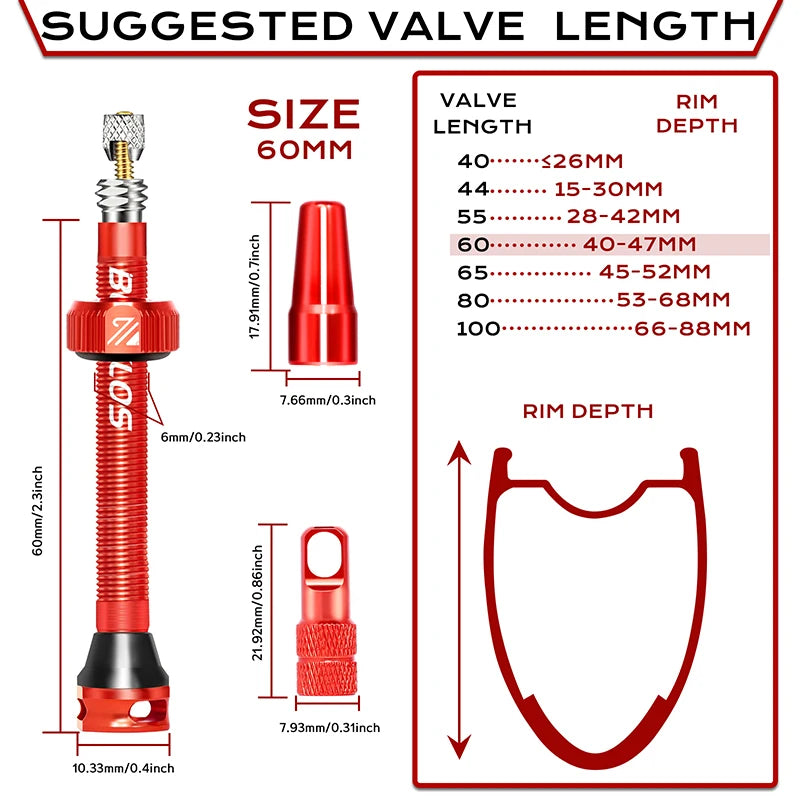 BUCKLOS Tubeless Presta Valves 40–100mm — Aluminum Alloy Bike Valve Stem for Road & MTB