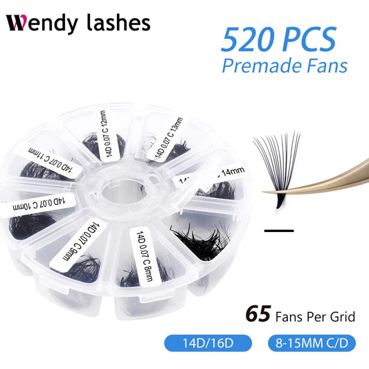 Wendy Lash Premade Volume Fans – 3D/5D/6D/10D/14D/16D Thin Root Eyelash Extensions, Sharp Pointy Stem, 520 Loose Lashes