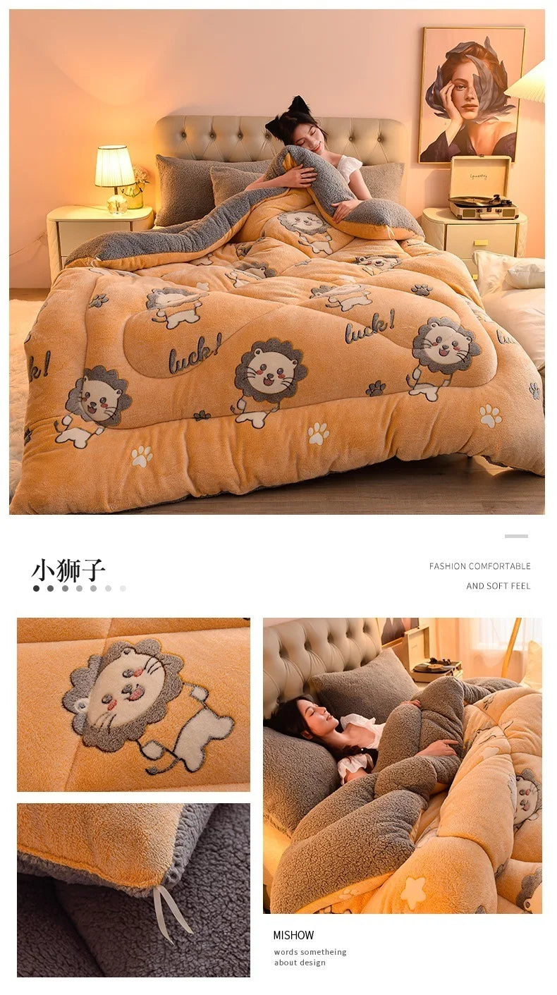 Plush Winter Lamb Velvet Quilt – Thickened Cotton, Double-Sided Warm Lamb Wool Blanket for Single & Double Beds