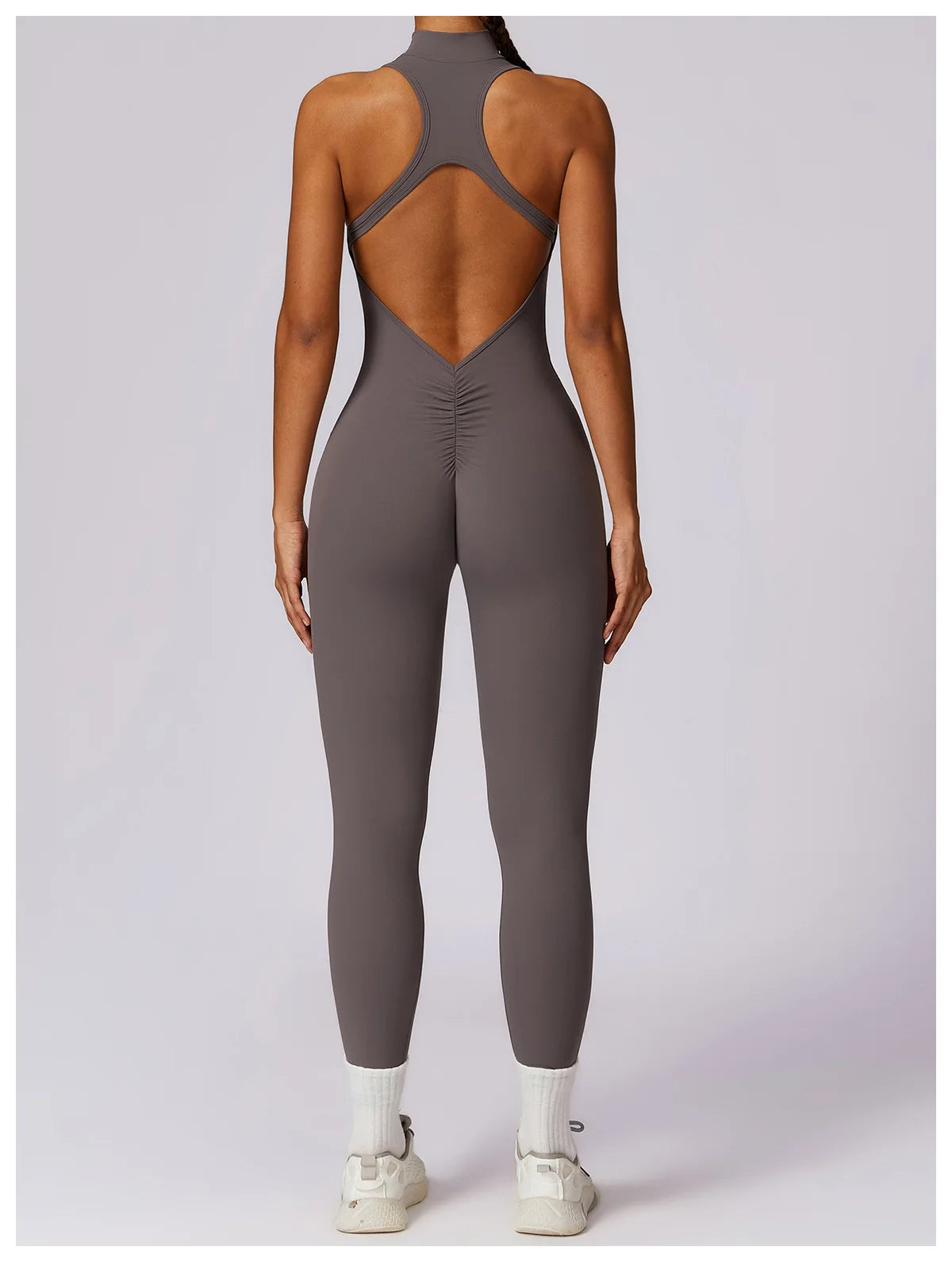 Women’s V-Back One-Piece Sports Jumpsuit — Sleeveless Yoga Romper with Zipper Workout Bodysuit